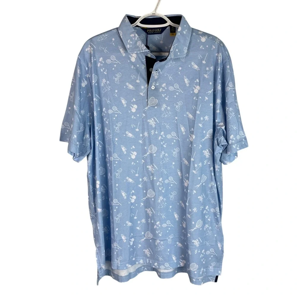 NEW Polo Golf Ralph Lauren Mens Polo Shirt XL Blue All Over Print S/S Stretch‎